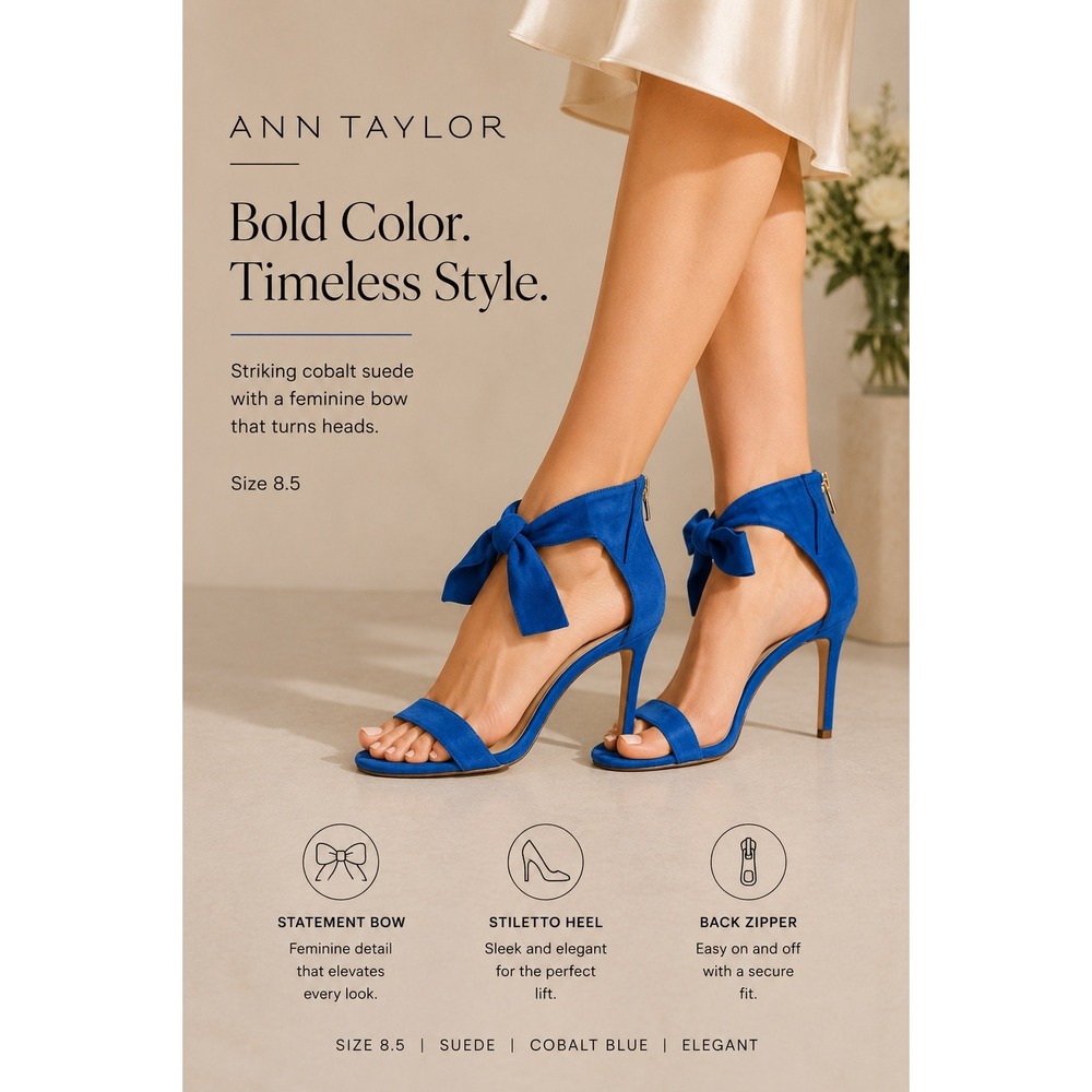 Ann Taylor Bow Ankle Strap Stiletto Sandals Women 8.5‎ Blue Suede Zip Heel